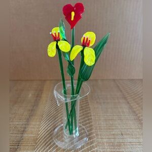 MINIMALIST BLOWN ART GLASS BOUQUET 4"×2" Includes 5 Individual Stems With Vase